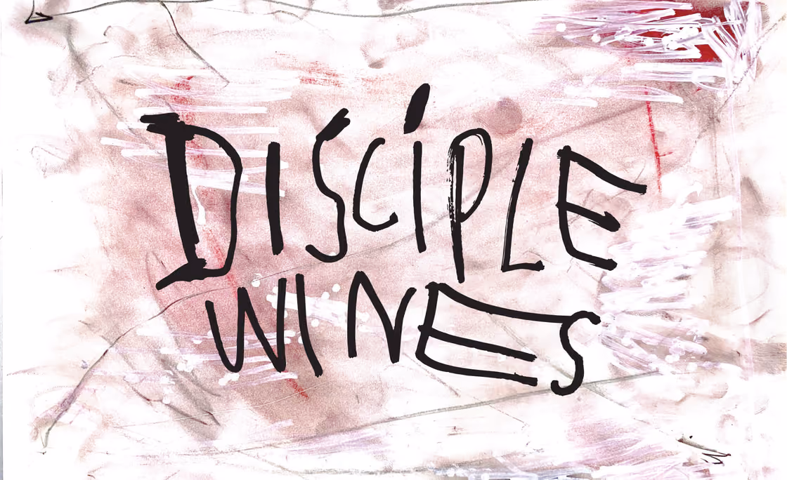 Reverse of the Disciple Wines business card: the hand-lettered logo on ink-wash paper